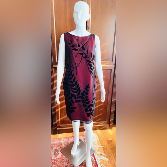 English Richards mini black & red Dress sheer mesh black velvet leaves US 12 - Picture 6 of 16